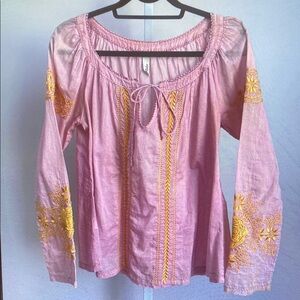 Pink and Yellow Embroidered Women's Top